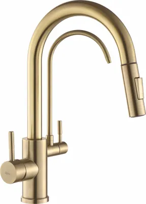 A close-up studio shot of a gold kitchen faucet.