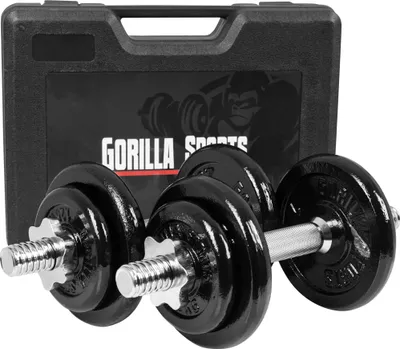 Obrázok produktu pre GORILLA SPORTS® Sada činiek 2 - 20 kg, s kufríkom, vrátane 8 liatinových závaží, 30 mm vrúbkovaná tyč, s hviezdicovým upevnením - Sada činiek, sada činiek, činky
