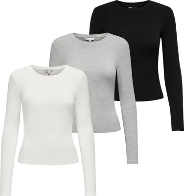 Produktbild von ONLY Damen Langarmshirt 3er Pack - ONLRILEY O-NECK TOP, Longsleeve, Rundhals, Baumwolle Stretch Schwarz/Ecru/Grau M