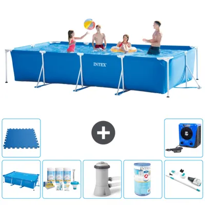 Produktbild von Intex-Schwimmbecken mit rechteckigem Rahmen – 450 x 220 x 84 cm – Blau – im Lieferumfang enthalten Sonnensegel - Wartungspaket - Filterpumpe für Schwimmbad - Filter - Staubsauger - Bodenfliesen
