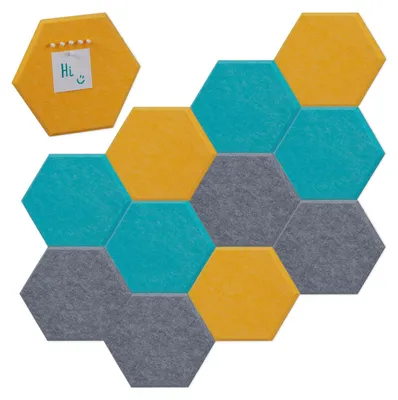 Filz-Pinnwand-Set, 12er, sechseckig, selbstklebend, gelb/grau/blau