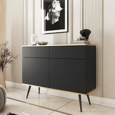Productafbeelding van Kommode/dressoir FORNO, zwart, goud, glamour, Art Deco, 2 deuren, 2 lades, zwarte poten