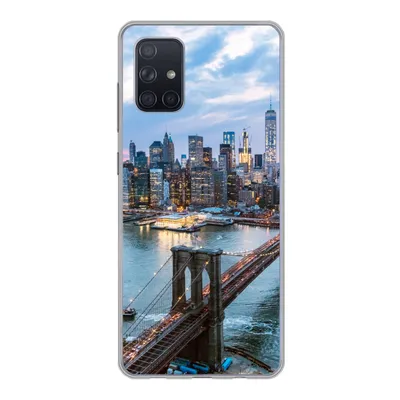 A phone case with a New York City skyline and Brooklyn Bridge design.