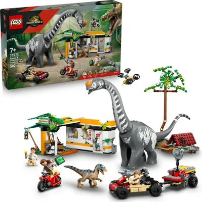 Image de LEGO Jurassic World Raptor & Titanosaurus : Grande Traque - 2 figurines de dinosaures, un 4x4, une moto et 3 mini-figurines - Cadeau pour garçons et filles de 7 ans et plus - 76973