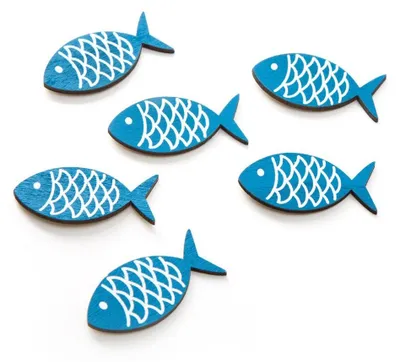 Produktbild von 6 Stück kleine Holz-FISCHE STREU-Deko mit Klebepunkt, Größe: 5 x 2,7 cm als maritime Tisch-Dekoration zum Streuen, kleben und basteln … Tisch-Streu Streuteile Zierdeko Zierstreu Mini-Teile