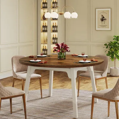 Image de Table ronde de salle à manger de 120 cm de diamètre, pour 4 à 6 personnes, de couleur blanche et marron rustique