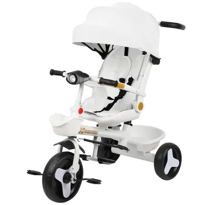 Produktbild von 4in1 Dreirad Kinderdreirad mit Verstellbarer Sitz und Schubstange,Buggy Fahrrad Kinderwagen mit Musik und Nachtlicht,Korb für 1-5 Jahre (Weiß)