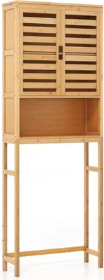 Imagen del producto de Mueble de baño de bambú con dos puertas abatibles, un estante abierto y un separador ajustable