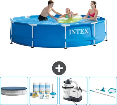 Produktbild von Intex-Schwimmbecken mit rundem Rahmen – 305 x 76 cm – Blau – im Lieferumfang enthalten Abdeckung - Wartungspaket - Filterpumpe für Schwimmbad - Reinigungskit