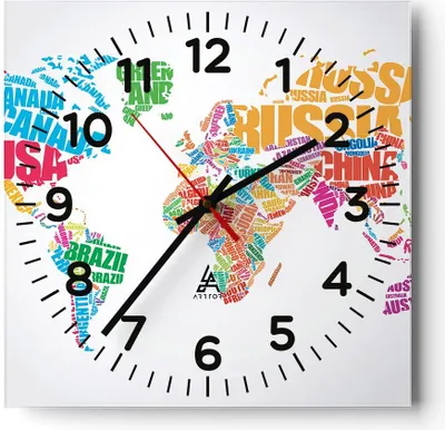 Produktbild von Wanduhr - Quadrat - Glasuhr - Karte Worte Welt Geographie - 40x40cm - Schleichendes Uhrwerk - Lautlos - zum Aufhängen bereit - Dekoration Modern - Wanddekoration aus Glas - C4AC40x40-2860