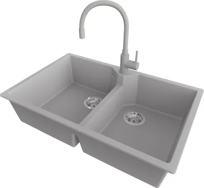 Produktbild von PRIMAGRAN Granitspüle Grau 78x50cm, Spülbecken 2 Becken + Küchenarmatur 38x14cm + Ablauf-Set, Küchenspüle ab 80er Unterschrank - Madrid Twin