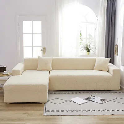 Produktbild von (Beige) Stretch-Polyester-Elasthan-Sofa-Schonbezug, moderne minimalistische L-förmige Sofabezüge, Möbelschutz-Couchbezüge