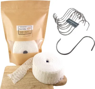 Produktbild von Fleischnetz 125mm / 50m + Fleischhaken x 10 - Schinkennetz, Räuchernetz, Fleischhaken