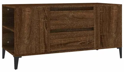 Image de Meuble TV en bois imitation chêne brun, avec structure métallique, dimensions : 102 x 44,5 x 50 cm