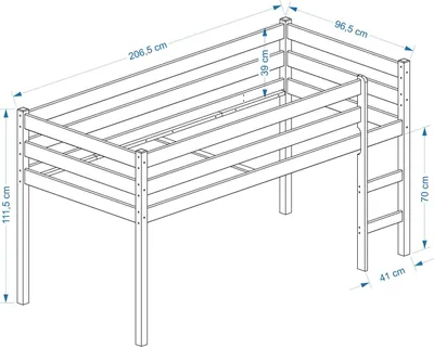 Produktbild von Hochbett ERIK Spielbett Kinderbett Bett, Kiefer massiv weiß lackiert mit Leiter 90 x 200 cm (B x L)