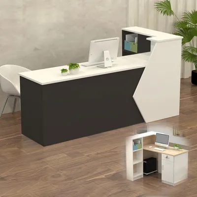 Image de Comptoir de réception, comptoir d'accueil, présentoir de en bois avec espace de rangement, de 100 à 300 cm, blanc/noir, dimensions : 100x60x100 cm