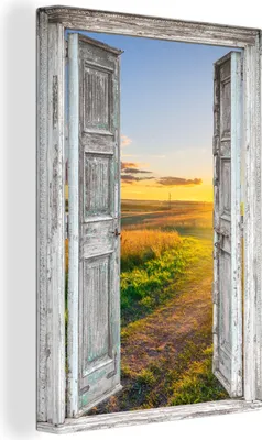 Produktbild von OneMillionCanvasses® - Leinwandbilder - 90x140 cm, Aussicht - Landschaft - Landschaft - Sonne, - Geöffnetes Fenster - Fensterblick Schlafzimmer Kunstdruck Wanddekoration - Foto auf Leinwand - Gemälde auf Holzrahmen  - Wandschmucke - Schlafzimmer