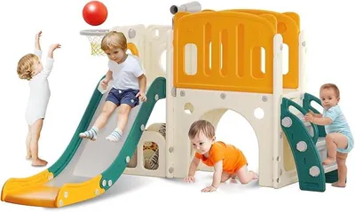 Imagen del producto de Tobogán infantil con estructura de escalada, aro de baloncesto y túnel, juego de toboganes de plástico para interiores, juguete Montessori para parques infantiles, color verde