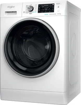 A white front-loading washing machine is shown from a three-quarter angle against a white background.