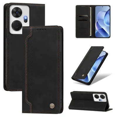 Image de Étui en cuirPolyuréthanepour téléphone itel P55+, type portefeuille rabattable avec compartiments pour cartes et support intégré, couleur noire