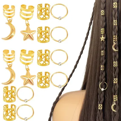Produktbild von Metallene Haaraccessoires, 34-teiliger Dreadlock-Haarschmuck, goldener Haarschmuck für Zöpfe, Ringe, Spangen, Haarringe, Zopfschmuck mit goldenen Anhängern, Haaranhänger für Damen
