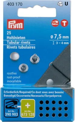 Produktbild von Prym 403170, Rohrförmige Niete, Messing, Silber, 7,5 mm, 4 mm, Karton mit Aufhänger