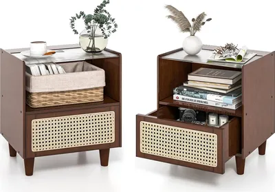 Produktbild von COSTWAY 2er Set Nachttisch aus Bambus & Rattan mit Schublade, Beistelltisch mit Glastischplatte und offenem Fach, Sofatisch, Nachtschrank, Boho-Nachtkonsole für Schlafzimmer, 43 x 35 x 50 cm