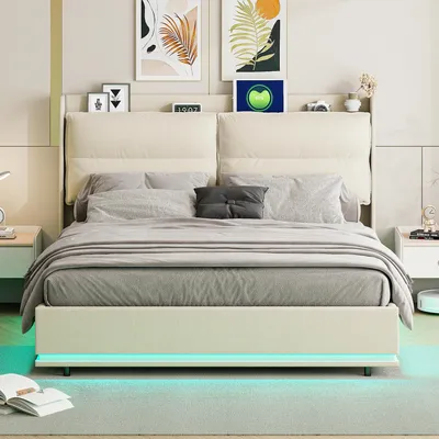 Immagine prodotto di Letto imbottito - Letto matrimoniale - 160 x 200 cm - Con spazio contenitore - Testiera imbottita - Rivestimento in tessuto - Bianco panna