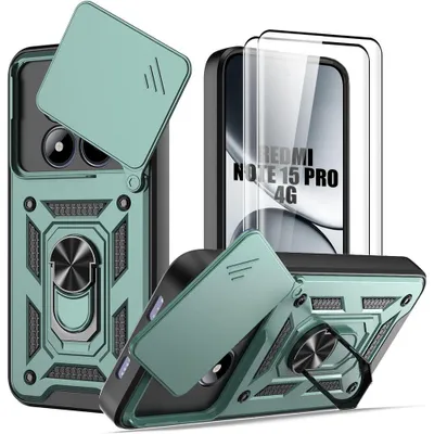 Image de Coque + 2 Verres Trempés pour Xiaomi Redmi Note 15 Pro 4G, avec Cache Caméra Anti-Rayures - Vert
