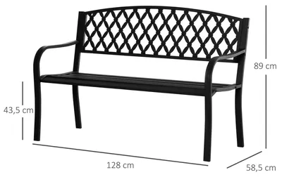 Image de Banc de jardin - Banc public pour 2 personnes - Structure en métal avec accoudoirs - Pour l'extérieur - 128 x 58,5 x 89 cm - Noir