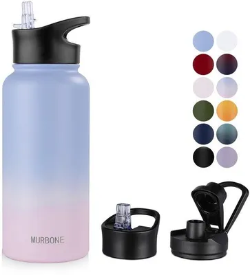 Immagine prodotto di Borraccia termica isolante in acciaio inossidabile, 1 L, con 2 tappi, senza BPA, a tenuta stagna, ideale per lo sport, i viaggi e il campeggio, con ramoscello e isolamento a doppia parete sottovuoto