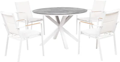 Produktbild von BELIANI Gartenmöbel Set 5-teilig Weiß u. Dunkelgrau Aluminium Tisch ⌀ 120 cm Rund Keramikplatte Marmor Optik mit 4 Stühlen Bespannt Stapelbar Terrasse