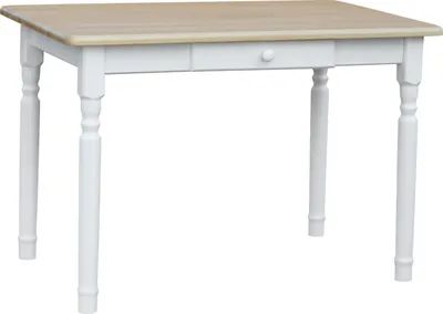 A white dining table with a wooden top and a single drawer, shown from a slightly angled front view against a white background.