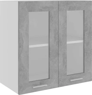 A wall-mounted cabinet with two glass doors and a concrete gray finish.