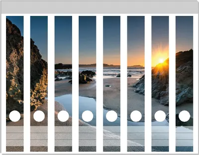 Produktbild von Wallario Ordnerrücken Sticker, selbstklebend für schmale Ordner, 8 Stück, Motiv Sonnenuntergang hinter einem Felsen am Strand