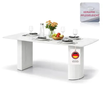 Produktbild von HOOZ Esstisch Set Keramik Marmoroptik – kratzfest & hitzebeständig – Wohnzimmertisch 180×90cm – modernes Säulengestell in Metall– Weiß