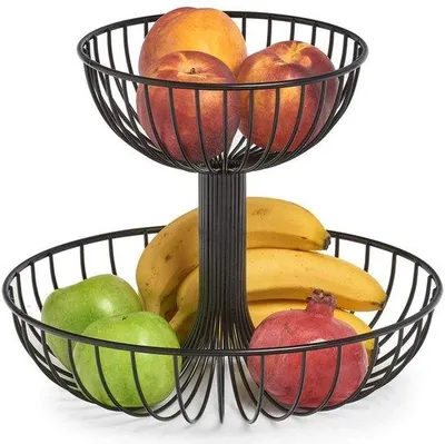 Zdjęcie produktu dla Ibenzoa® – miska na owoce, dwupoziomowa, z dwoma koszami do przechowywania, metal z powłoką, kolor czarny, wymiary 32 x 25,8 cm, przeznaczona do przechowywania żywności