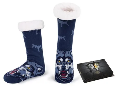 Produktbild von Kuschelsocken Herren 43-46 Rutschfest mit Geschenkbox Dicke Thermosocken Wolf