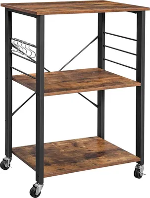 A three-tier rolling kitchen cart with a rustic wood finish and black metal frame.