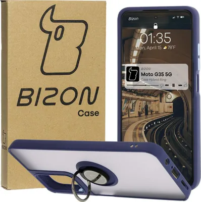Produktbild von Bizon Case Hybrid Ring Fingerringhülle für Motorola Moto G35 5G, Rauch mit marineblauem Rahmen