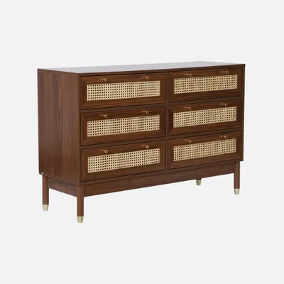 Produktbild von sweeek - Kommode Holzdekor und Rattan-Geflecht 6 Schubladen - Nussbaumfarben