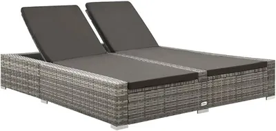 Produktbild von Doppel-Sonnenliege mit Auflage Poly Rattan Grau 202x145x80 cm Gartenbett Outdoor Poolliege Outdoor Gartenmöbel Liege Gartenliege Polyrattan Liegesessel Outdoor Komfortable Schlafliege