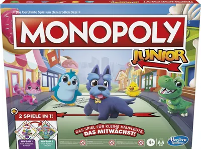 The image shows the packaging of the Monopoly Junior board game, featuring cartoon characters and colorful graphics.
