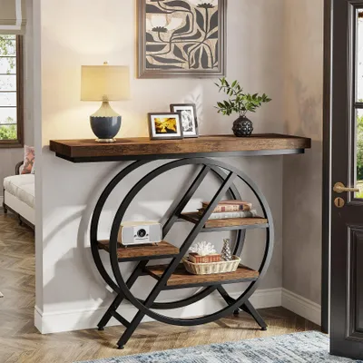 Immagine prodotto di Tavolino consolle, tavolino d'ingresso - Tavolino stretto a 4 ripiani, dimensioni 100x30x81 cm - Design industriale vintage - Rettangolare in legno - Ideale per ingresso e soggiorno - Colore marrone