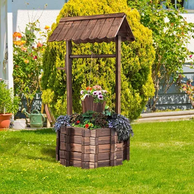 Produktbild von GOPLUS Wunschbrunnen mit Dach, Gartenbrunnen mit Holzeimer, Garten Dekoration, aus Tannenholz, Korrosionsbeständig Feuchtigkeitsbeständig Ameisenfest