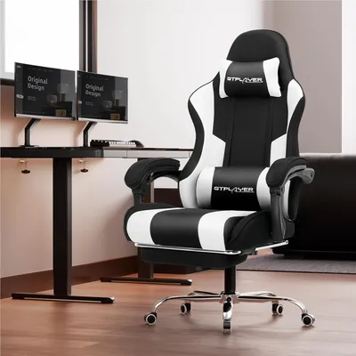 Image de Fauteuil de gaming ergonomique avec repose-pieds, fonction de massage et revêtement noir et blanc
