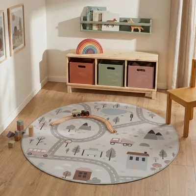 Produktbild von Volero - Auto Spielteppich Rund - Rocky Ride Weiß - Ø 160 cm - Kinderzimmer, Babyzimmer