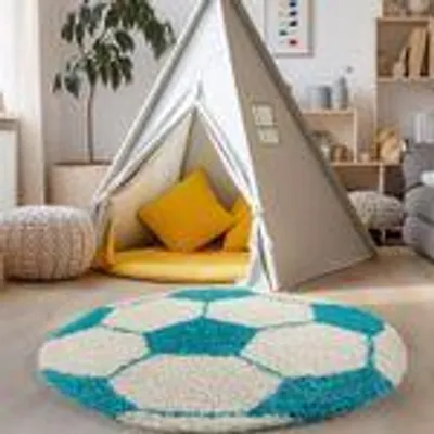 Produktbild von Runder Kinderteppich im Fußball und Basketball-Design weicher Spielteppich für kleine Sportfans, Größe: 100 cm Rund, Farbe: Türkis