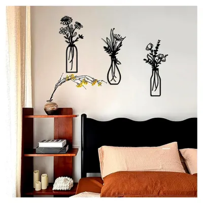 Produktbild von 3 Stück Wanddekoration aus Metall - Blumen Wandkunst - Minimalistische Vase für Zuhause, Wohnzimmer und Schlafzimmer (Schwarz)