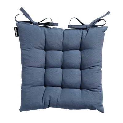 A blue seat cushion with ties, shown against a white background.